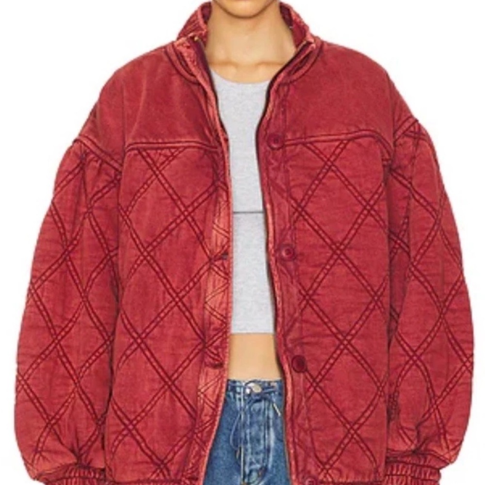 Free People Juno Quilted Red Oversized Bomber Jacket Large NWT